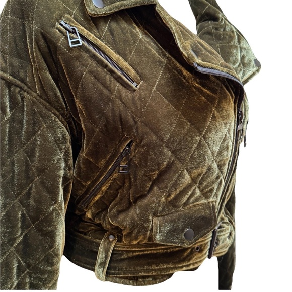 7 for All Mankind Green Quilted Velvet Cropped Moto Jacket Size XS - NWT - Picture 4 of 14